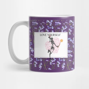 Love yourself, Funny Pink Skeleton, Purple Flower Mug